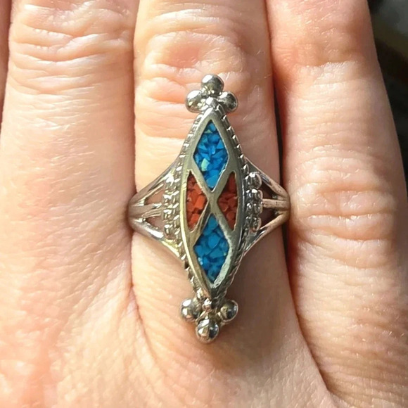 STERLING SILVER CORAL & TURQUOISE INLAY RING SIZE 7 925 - Picture 1 of 4